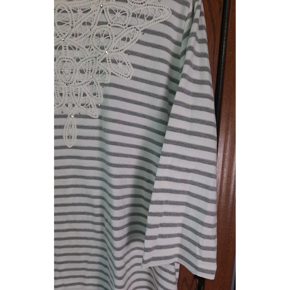 Alfred Dunner Womens White Gray Striped Embellished Neckline 3/4 Sleeve Size 1X - Picture 5 of 9